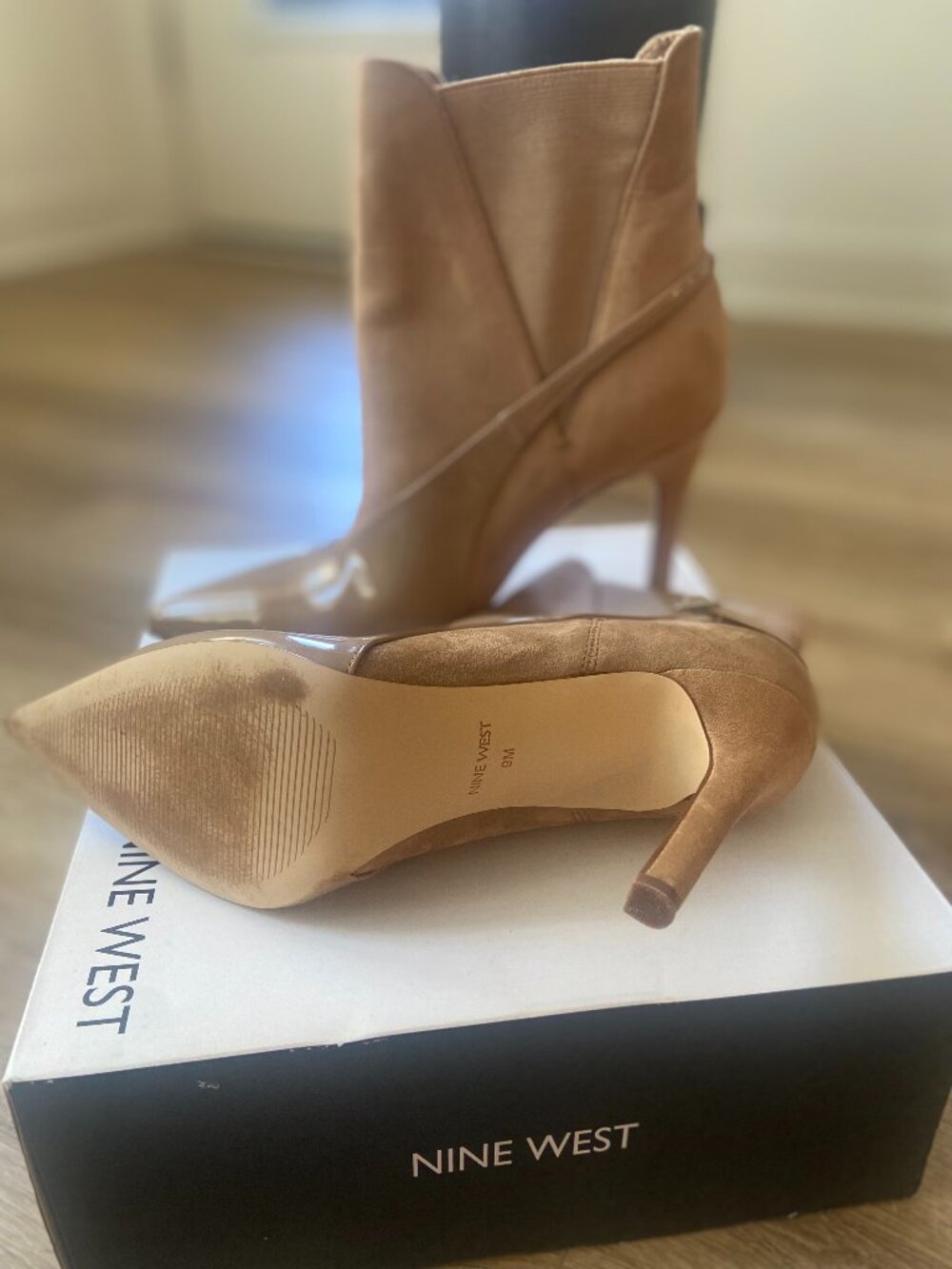 Nine West Tan Patent Pointed Toe High Heel Boots Size 9